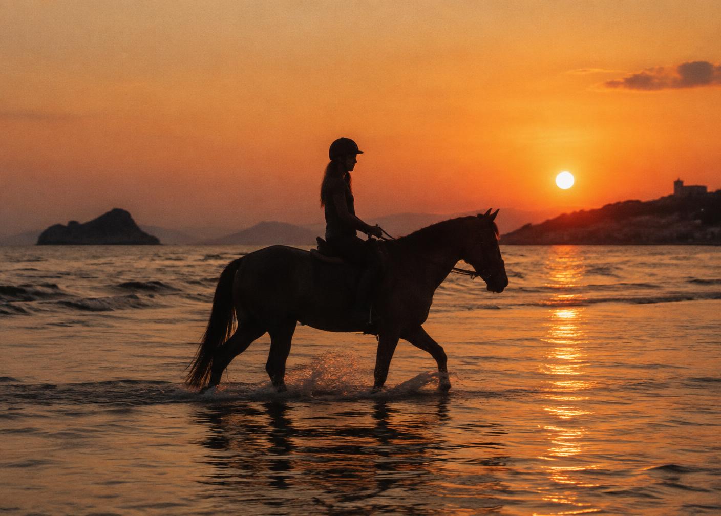 Cavaliere in acqua al tramonto sul litorale romano