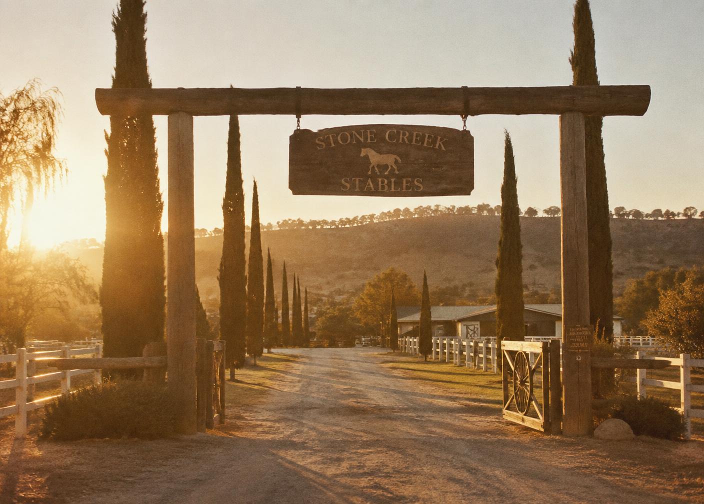 Ingresso del ranch con cancello in legno al tramonto